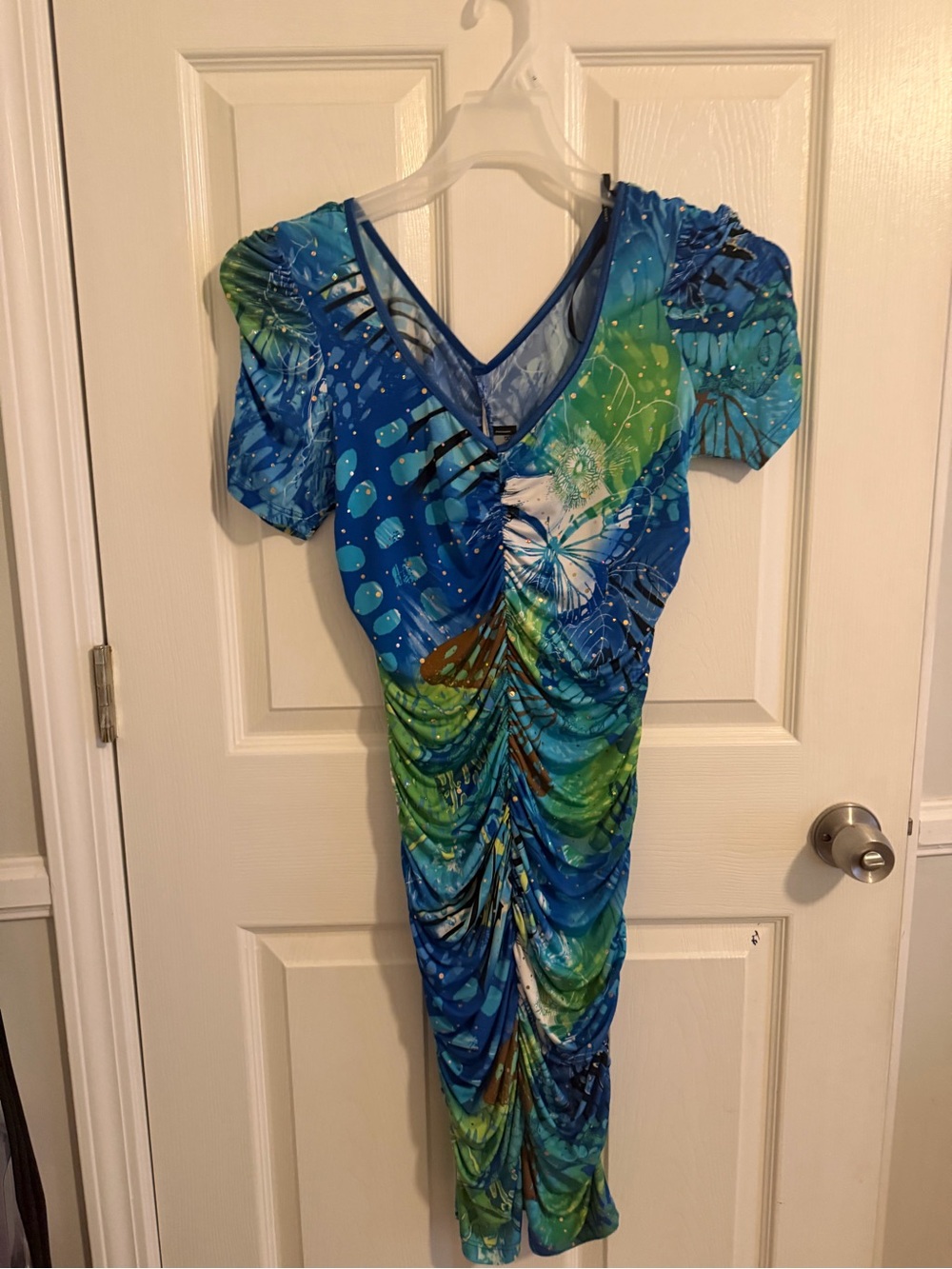 Frank Lyman Design Blue & Green Ruched V-Neck Midi Dress